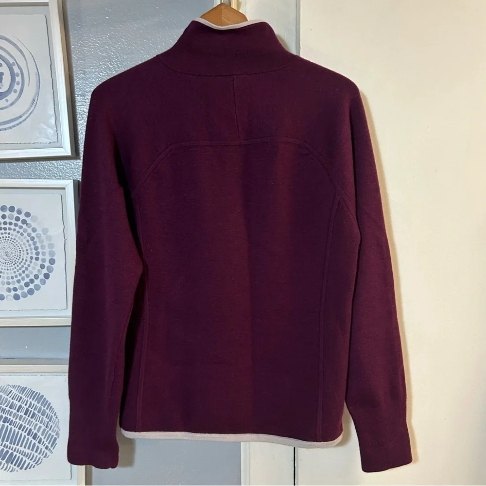 Athleta Wool Blend 1/4 Zip Pullover Sweater Plum Color White Embroidery Size L
